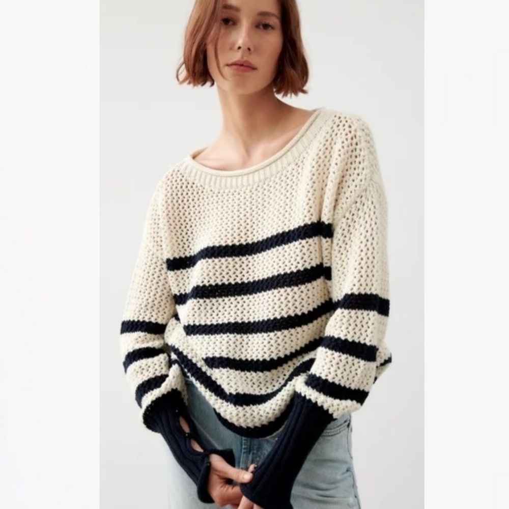 BOGO! Zara Crochet Knit Striped Nautical Pullover Sweater Cream Size XS